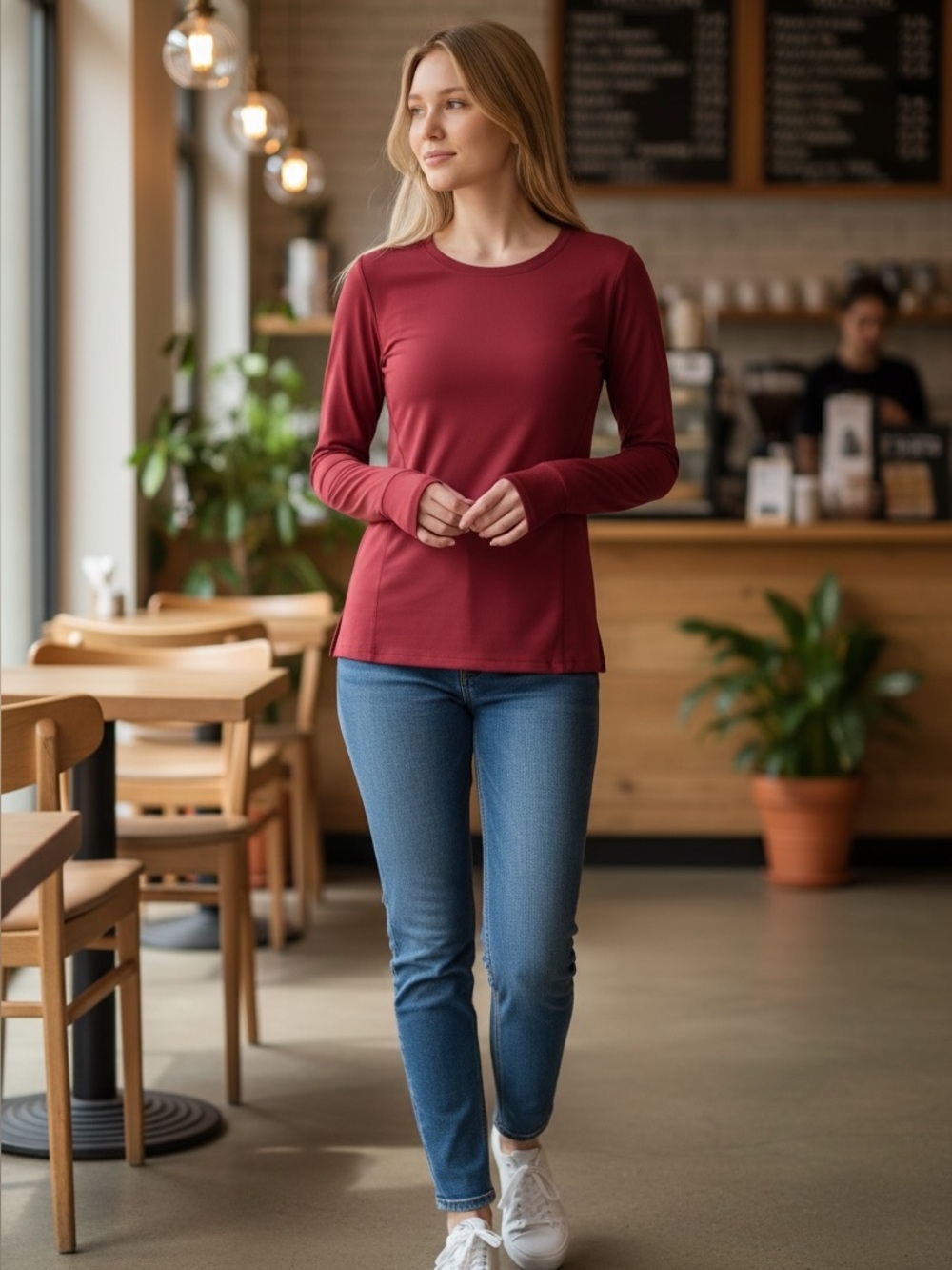 Women's Deep Red Cozy Long Sleeve Top